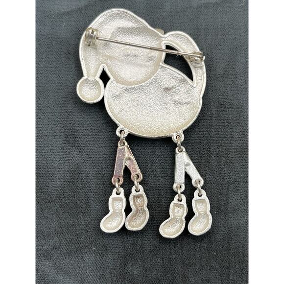 VINTAGE SILVER TONE BROOCH PIN ENAMEL GREEN EYE CAT CHRISTMAS DANGLE LEGS - Picture 3 of 3